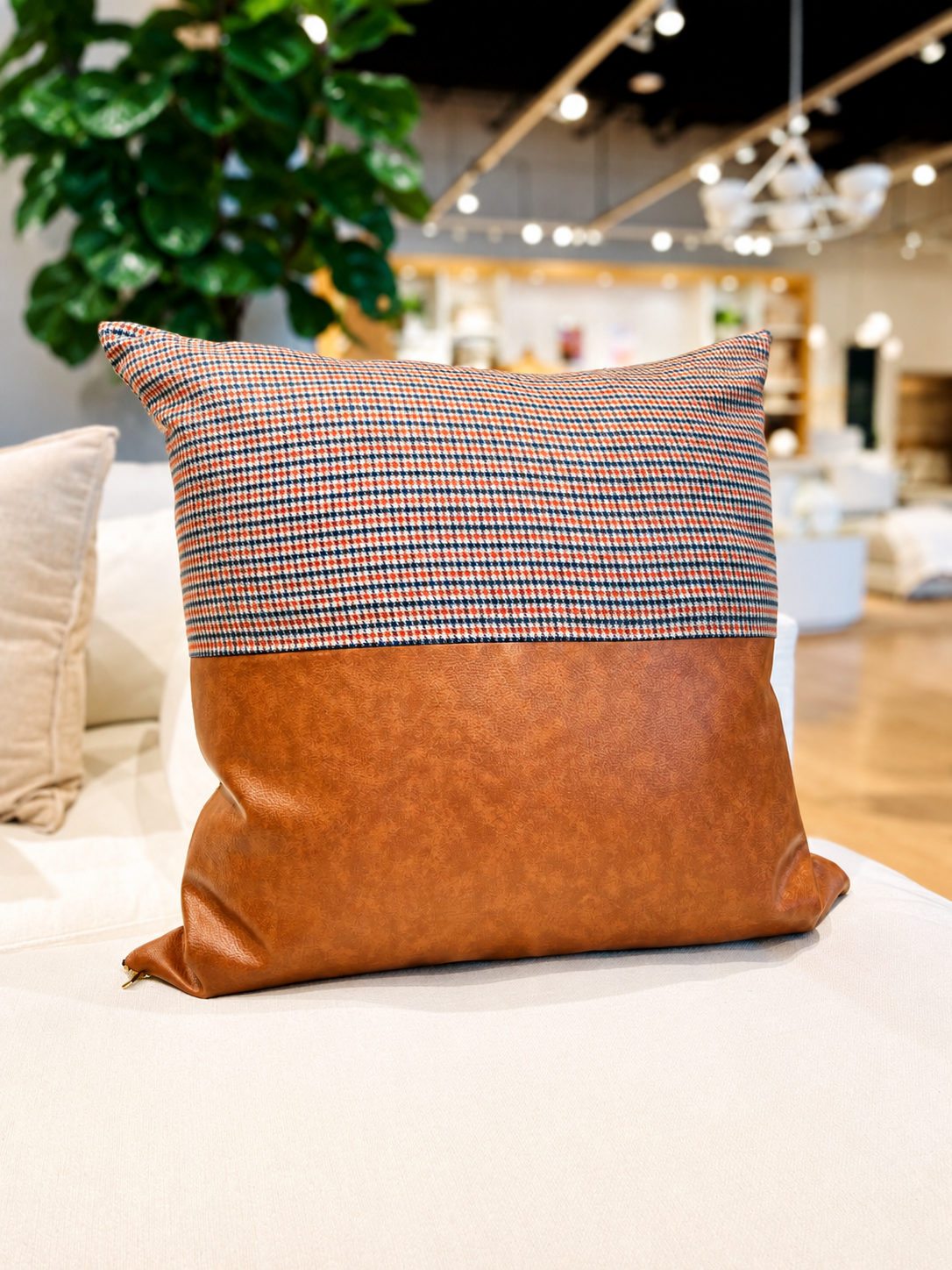 Club Check & Vegan Leather Accent Pillow